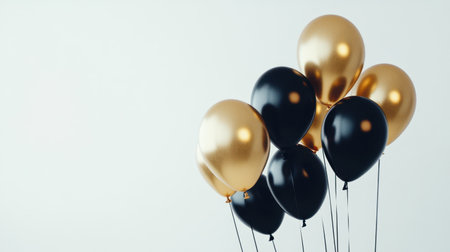 Gold and black helium balloons flying in a festive scene on a white background, ideal for creating a birthday or anniversary greeting banner.の素材