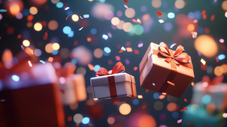 Holiday decorations with beautifully wrapped gift boxes, falling confetti, and soft bokeh lights, creating a magical Christmas scene.の素材