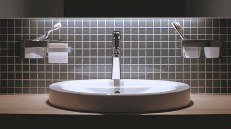 Modern bathroom with bold, dark tiles on the wall, a simple white sink, and a contemporary faucet creating a chic look.の素材