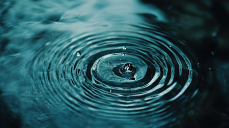 Raindrops making circular ripples on the surface of blue water, evoking a sense of serenity and the peaceful beauty of a rainy day.の素材