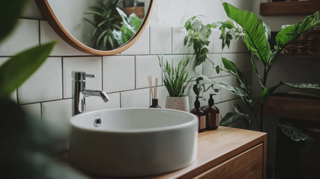 Modern washroom vanity with a white porcelain sink, a wall-mounted faucet, and a stylish round mirror.の素材