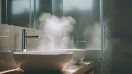 Modern bathroom setup with a double white ceramic sink, a sleek glass shower, and polished chrome accents for a stylish atmosphere.の素材
