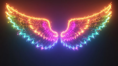 Neon multicolored lights garland in a luminous angel frame, with realistic D effects, set against a transparent backdrop.の素材