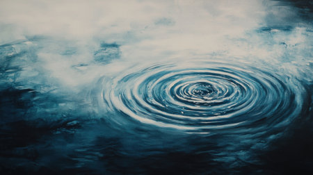 Rain drops falling onto the surface of still blue water, causing soft, circular ripples to spread outward, adding a sense of calm and rhythm.の素材