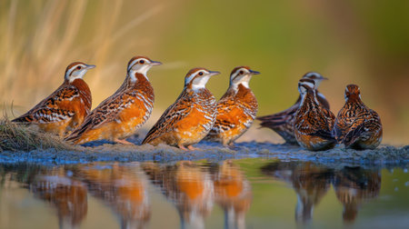 Northern Bobwhites gathered around a watering hole in a Texas prairie, their vibrant plumage reflecting in the clear water.の素材