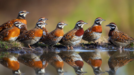 Northern Bobwhites gathered around a watering hole in a Texas prairie, their vibrant plumage reflecting in the clear water.の素材