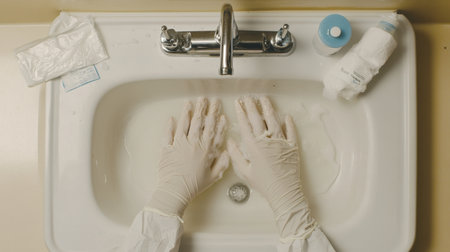 Pandemic hand hygiene setup showing a white sink, hands using soap, and disinfectant wipes on the side.の素材