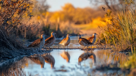Northern Bobwhites gathered around a watering hole in a Texas prairie, their vibrant plumage reflecting in the clear water.の素材