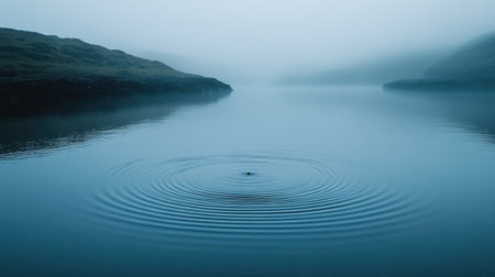 Rain drops hitting the surface of calm blue water, creating expanding circular ripples, evoking a sense of peacefulness and serenity.の素材