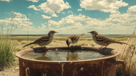 Northern Bobwhites sipping water from a trough on a Texas ranch, with the iconic wide-open sky in the background.の素材