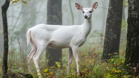 A rare white-tailed deer with an albino appearance standing in the misty forest, its pale coat a striking contrast against the dark treesの素材