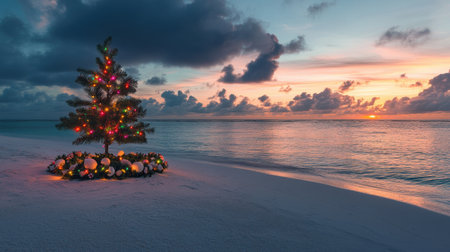 A tranquil Maldivian beach decorated with a small Christmas tree, seashell wreaths, and colorful holiday lights, with the ocean stretching endlessly behind.の素材