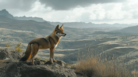 A rare Ethiopian wolf standing proudly in the highlands of the Bale Mountains, its striking features set against the rugged terrain. -の素材