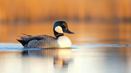 A solitary marbled duck navigating the still waters of Fuente de Piedra lagoon, illuminated by the soft amber light of sunset.の素材