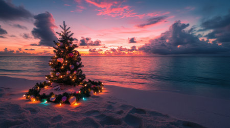 A tranquil Maldivian beach decorated with a small Christmas tree, seashell wreaths, and colorful holiday lights, with the ocean stretching endlessly behind.の素材