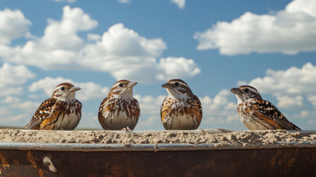Northern Bobwhites sipping water from a trough on a Texas ranch, with the iconic wide-open sky in the background.の素材
