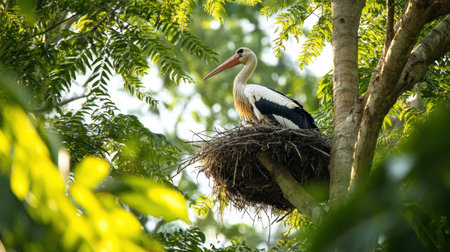 A great stork nesting in a tall tree, its puffy neck pouch visible against the vivid green canopy.の素材
