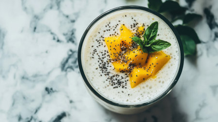 A close-up of a creamy smoothie in a glass with coconut milk, mango, and a sprinkle of chia seeds, placed on a marble counter.の素材
