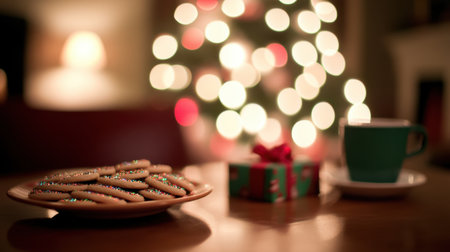 A soft, blurred Christmas scene with tree lights and presents in the background, offering ample copy space for creative holiday designs.の素材