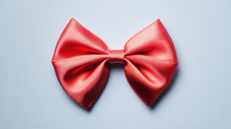 Flat lay of a bright red satin ribbon holiday bow with a subtle gray sheen, perfectly placed on a clean white background, ideal for festive designs.の素材