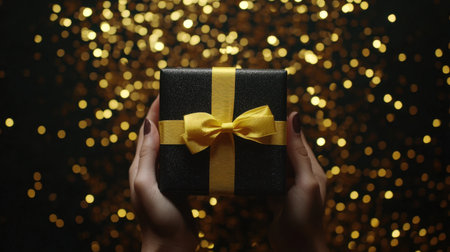 First-person view of a hand holding a black gift box with a bright yellow ribbon bow, over a golden sequin backdrop on an elegant black background.の素材