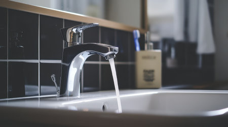 Functional bathroom sink with a slim, elegant faucet and a white ceramic basin, perfectly prepped and ready to use.の素材