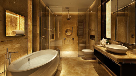 Luxury bathroom with a spacious bathtub, wall-mounted fancy shower, bidet, modern toilet, and a sleek sink for a stylish, upscale design.の素材