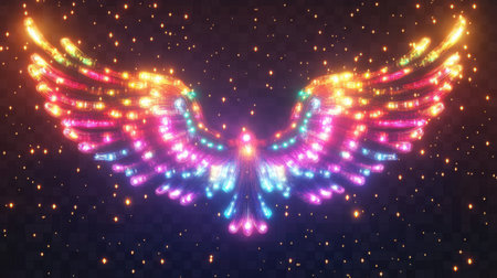 Realistic multicolored neon light garland forming an angel frame, glowing brightly on a transparent background. A perfect touch of holiday spirit.の素材