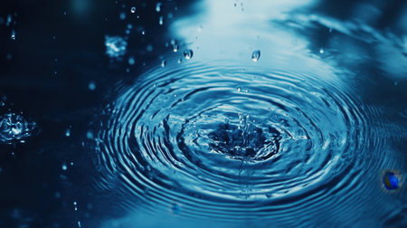 Rain drops falling onto the surface of still blue water, causing soft, circular ripples to spread outward, adding a sense of calm and rhythm.の素材