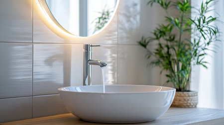 Modern bathroom with a round sink basin, a tall silver faucet, and a circular illuminated mirror creating a stylish ambiance.の素材