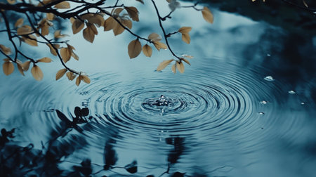 Rain drops hitting the surface of calm blue water, creating expanding circular ripples, evoking a sense of peacefulness and serenity.の素材