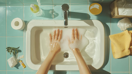 Pandemic hand hygiene setup showing a white sink, hands using soap, and disinfectant wipes on the side.の素材