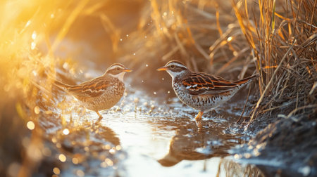 Northern Bobwhites drinking from a rain-filled hollow in a Texas grassland, the scene bathed in warm morning light.の素材