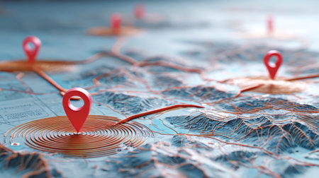 A three-dimensional visualization featuring a map with vibrant location pins and detailed contour lines. This image represents navigation and geographic exploration.の素材