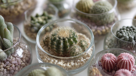A visually appealing collection of various cacti displayed in clear glass containers, showcasing colorful pebbles and sand for a unique decorative touch.の素材