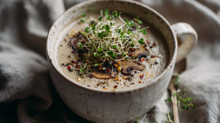 Creamy mushroom soup served in a rustic bowl garnished with fresh herbs and spices, resting on soft fabric, perfect for cozy meals.の素材
