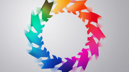 This vibrant design features colorful arrows arranged in a circular pattern, creating an engaging visual effect. It showcases dynamic movement and creativity in a modern, abstract style.の素材