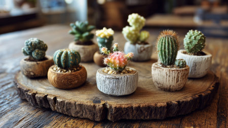 A stunning arrangement of assorted miniature cacti in rustic pots displayed on a wooden platter, perfect for adding a touch of greenery to any indoor space.の素材