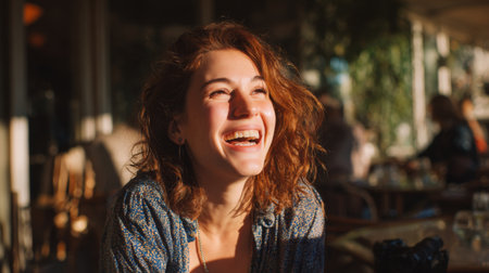 A bright and cheerful young woman with curly hair laughs heartily in a cafの素材