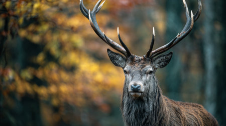 A stunning portrait of a majestic stag in the woods during autumn, showcasing its impressive antlers and the vibrant colors of the season.の素材