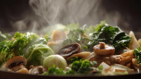 A vibrant stir-fry featuring fresh vegetables and mushrooms, producing steam as it cooks in a hot pan. Perfect for healthy meal preparation.の素材