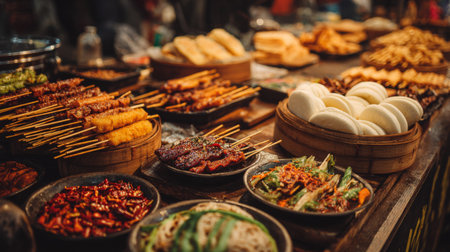 This dynamic street food scene showcases various delectable dishes, including skewers, dumplings, and noodles, highlighting rich culinary traditions.の素材