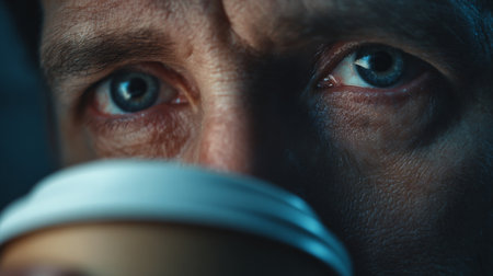 A captivating close-up of a man's intense blue eyes partially overshadowed, holding a coffee cup, invoking feelings of contemplation and warmth.の素材