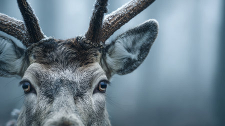 A stunning close-up photograph of a deer with frost-clad antlers, set against a misty forest backdrop. The serene expression radiates tranquility.の素材