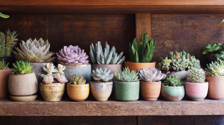 This image showcases a vibrant arrangement of succulent plants in various decorative pots on a rustic wooden shelf, evoking a warm and inviting atmosphere.の素材