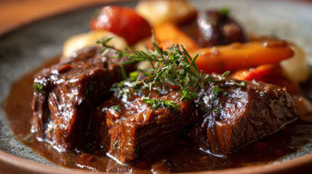 A beautifully plated dish featuring tender braised beef adorned with aromatic herbs, served alongside vibrant roasted vegetables and rich sauce.の素材