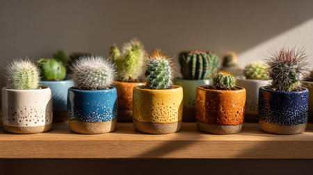A vibrant collection of colorful cacti displayed in decorative ceramic pots on a wooden shelf, illuminated by soft natural light creating a serene atmosphere.の素材