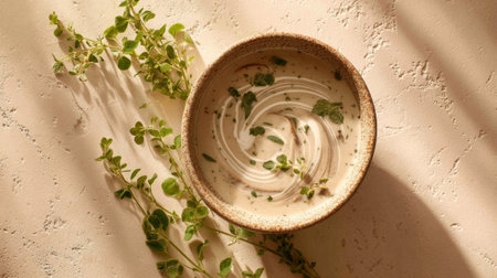 A creamy soup elegantly presented in a textured bowl, garnished with fresh herbs, showcasing a warm and inviting atmosphere enhanced by natural light.の素材