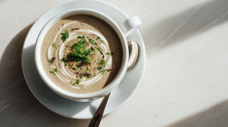 A beautifully presented bowl of creamy mushroom soup set on a light marble table, garnished with fresh herbs. This appetizing dish evokes warmth and comfort, perfect for any dining occasion.の素材