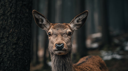 A beautiful deer gazes directly at the viewer, its gentle expression captured amidst a mysterious forest setting. The soft focus adds to the tranquility.の素材